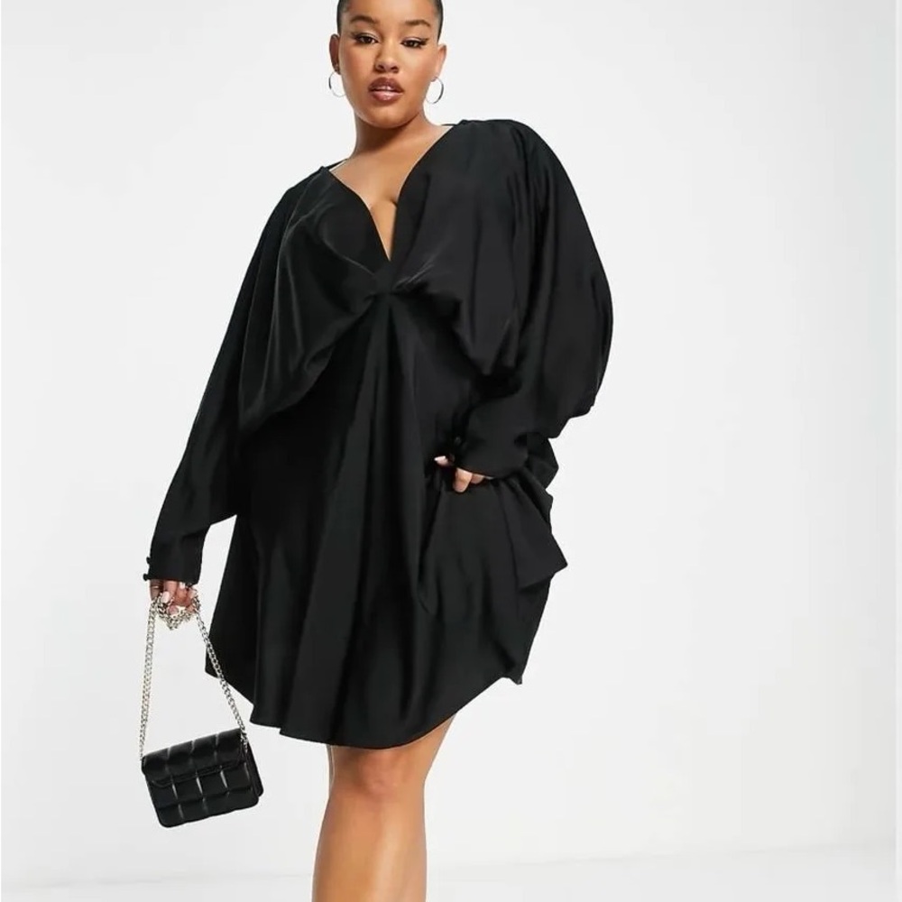 ASOS DESIGN Curve Plunge Satin Mini Dress Black Size 12 NWT